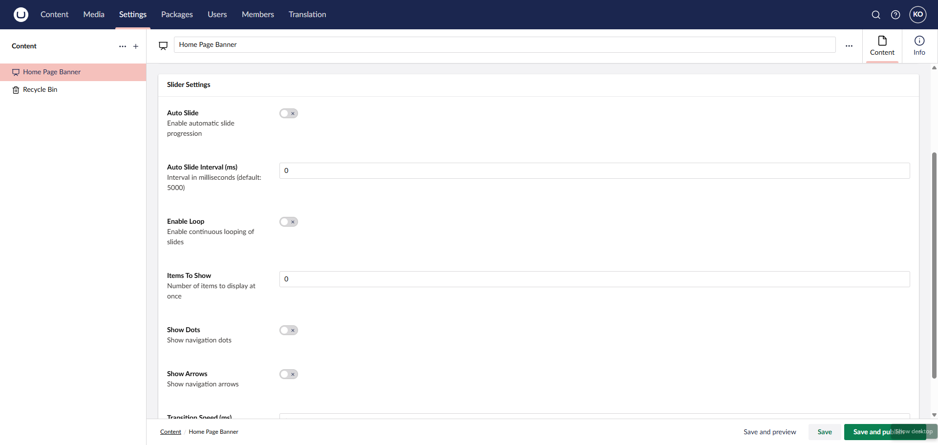 configure per global slide options such as Auto loop, speed etc ...