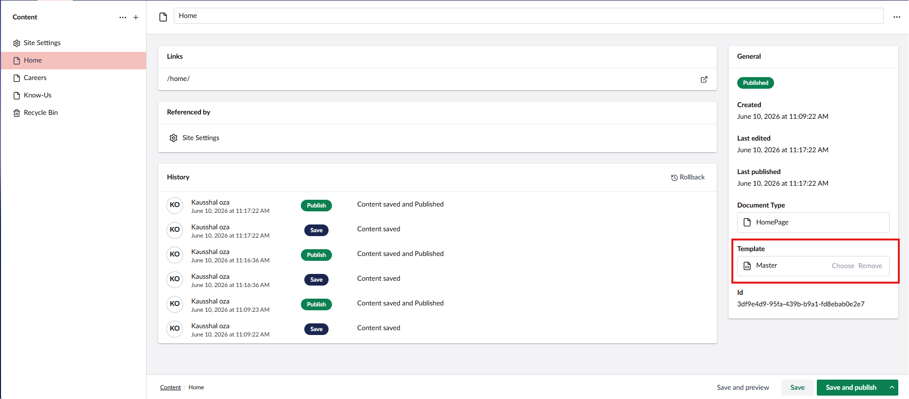 Choose Master Template in Content