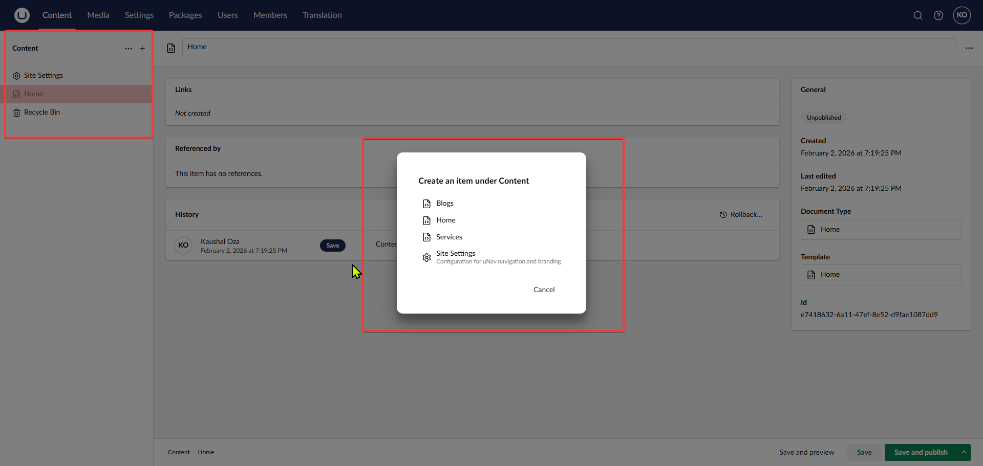 Register the documents inside Content tab