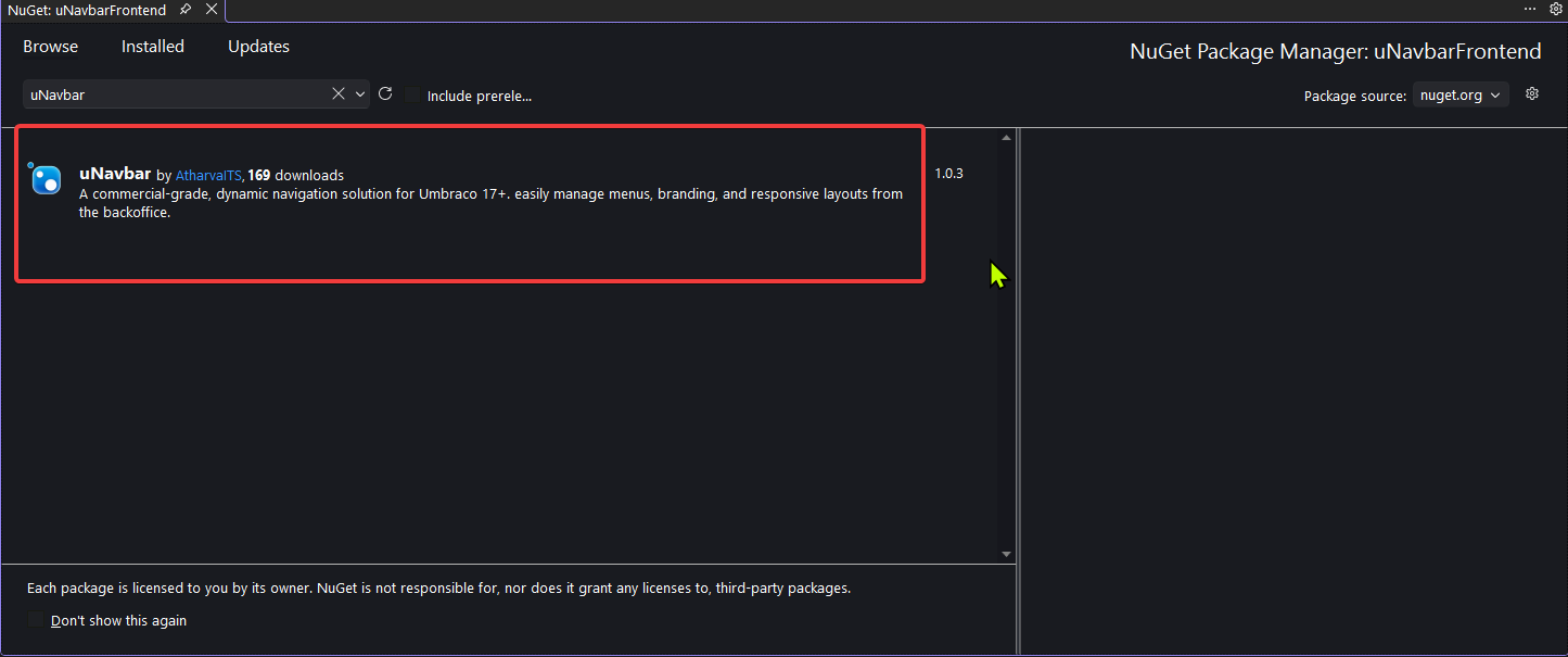 Install uNavbar Nuget package