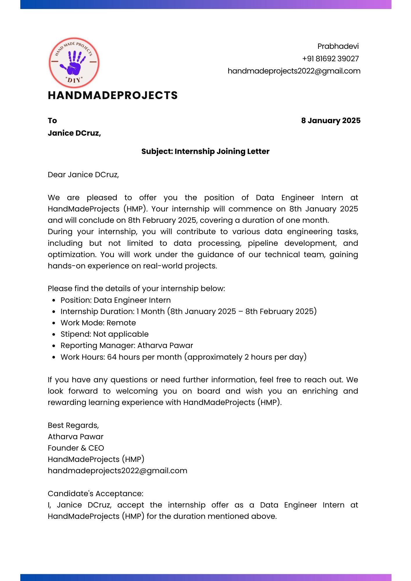Internship Joining Letter