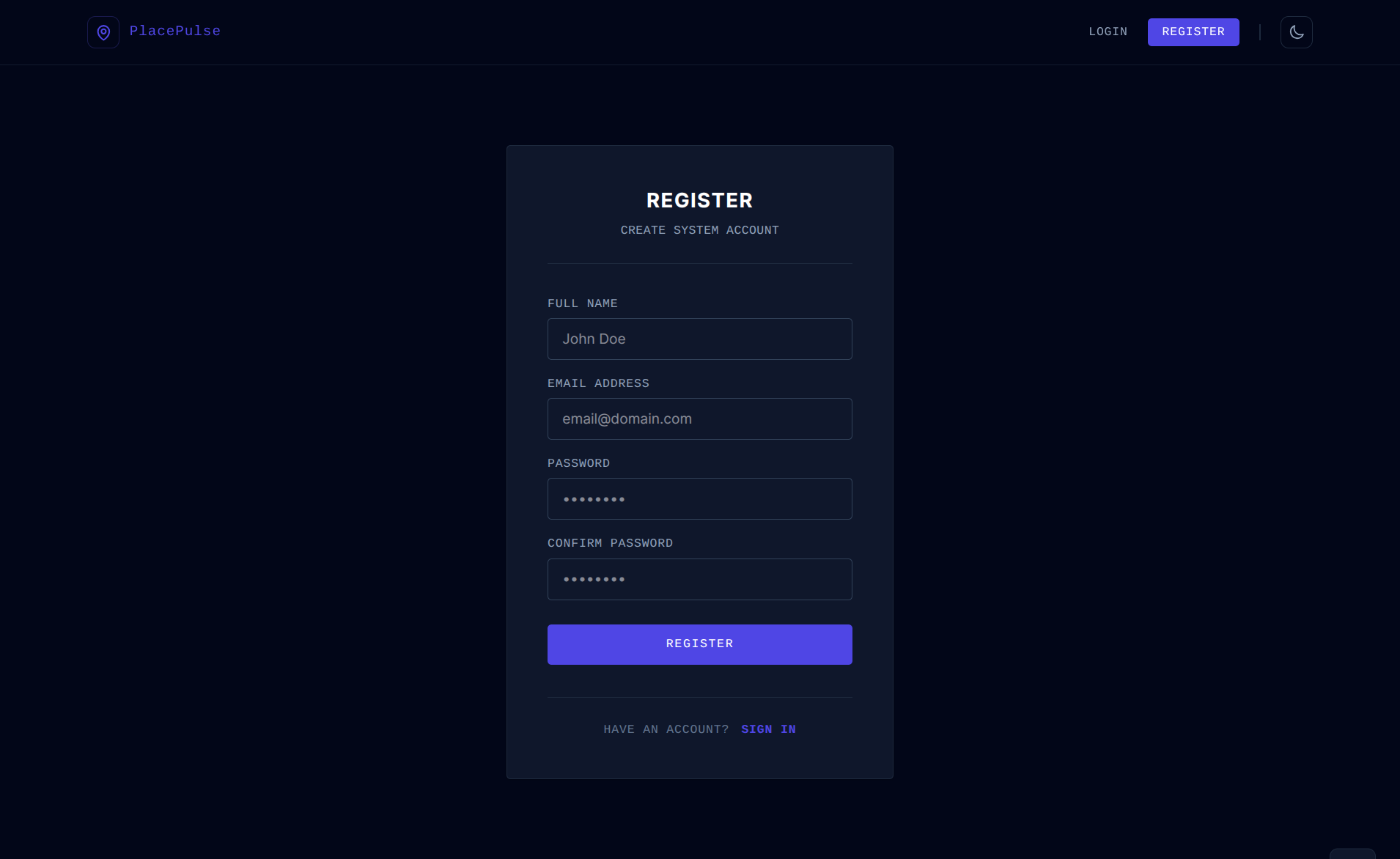 Screenshot of Sign Up Page