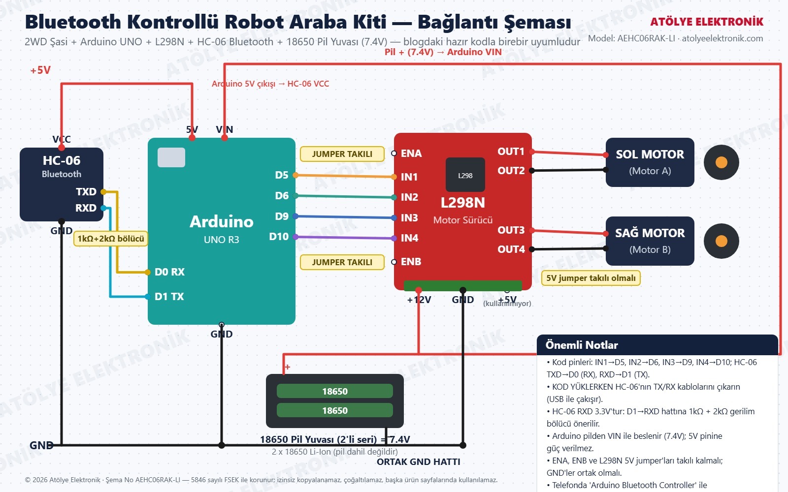 Bluetooth Kontrollü Robot Araba Kiti bağlantı şeması - 18650