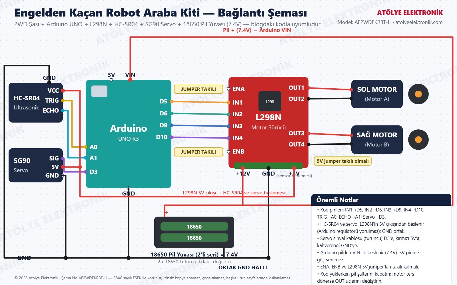 Engelden Kaçan Robot Araba Kiti bağlantı şeması - 18650