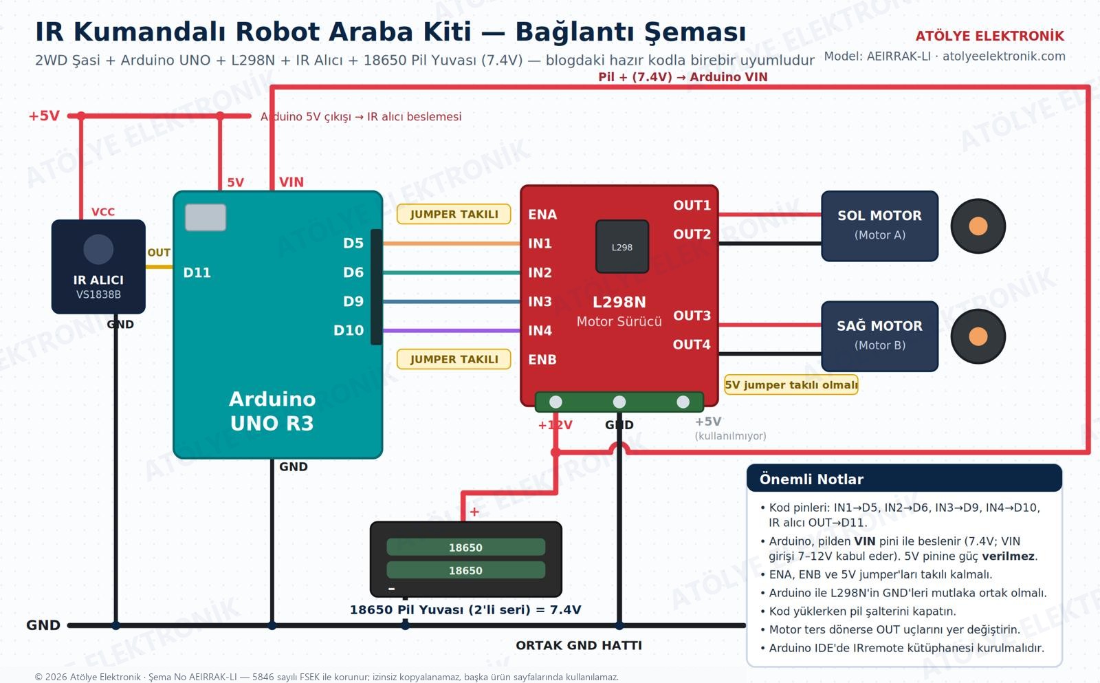 IR Kumandalı Robot Araba Kiti bağlantı şeması - 18650 pil yuvası