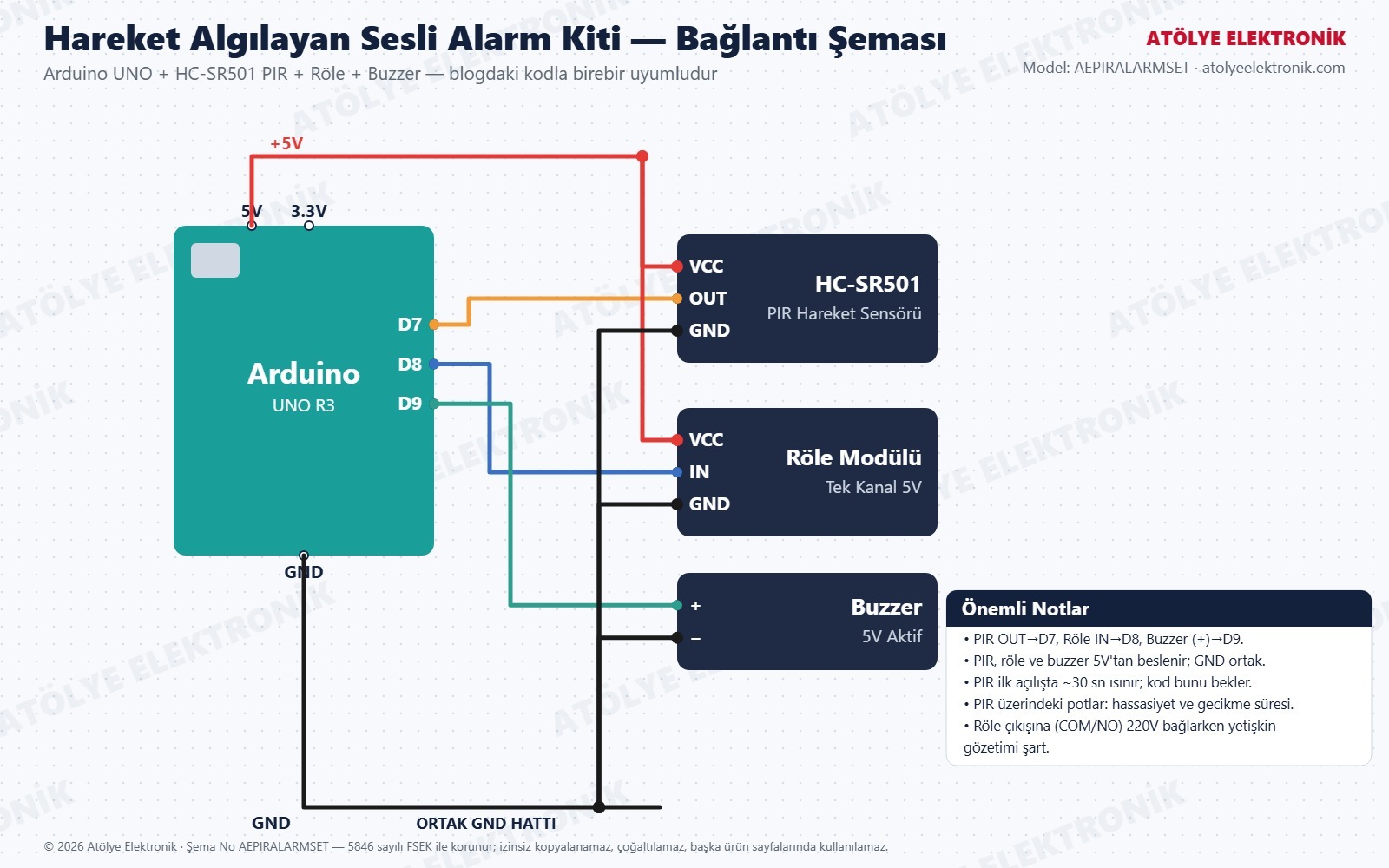 Hareket Algılayan Sesli Alarm Kiti bağlantı şeması