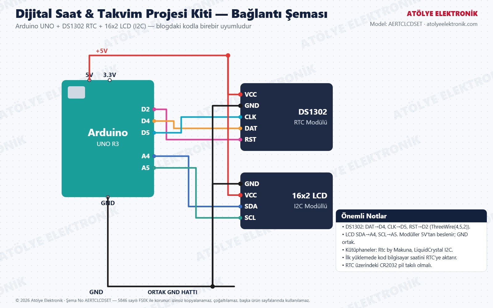 Dijital Saat ve Takvim Kiti bağlantı şeması