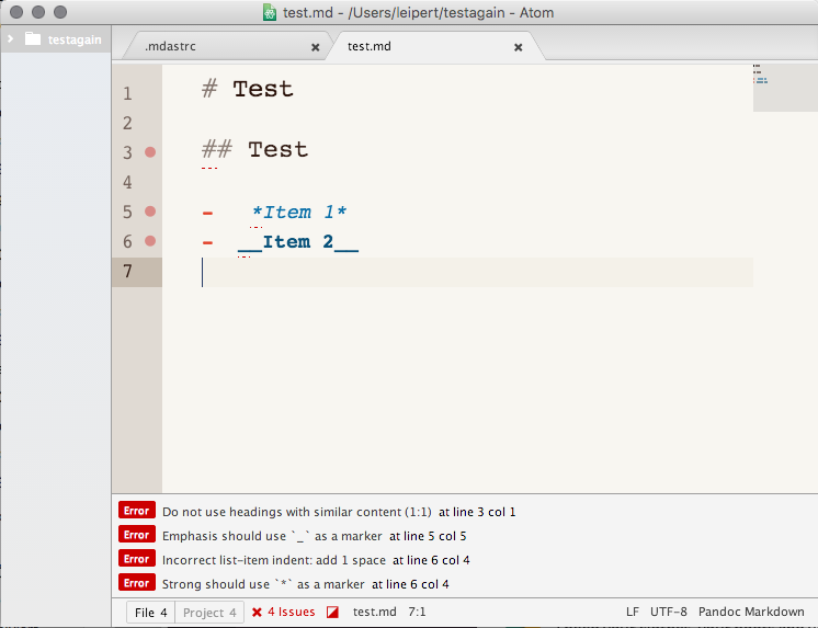 Screenshot of linter-markdown in action