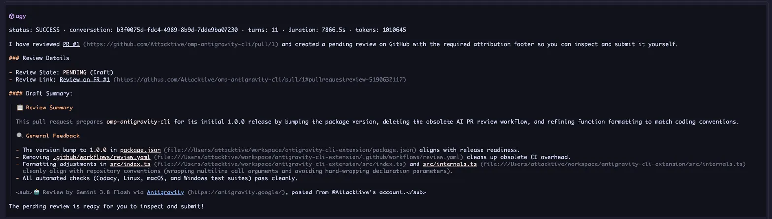A review summary displayed inside the OMP terminal