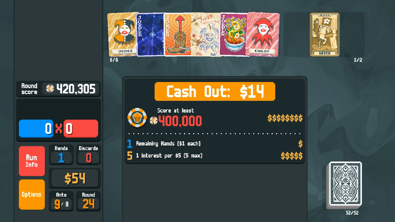 Native Balatro victory screen: Black Deck on Gold Stake, 420,305 chips against 400,000, with one hand remaining