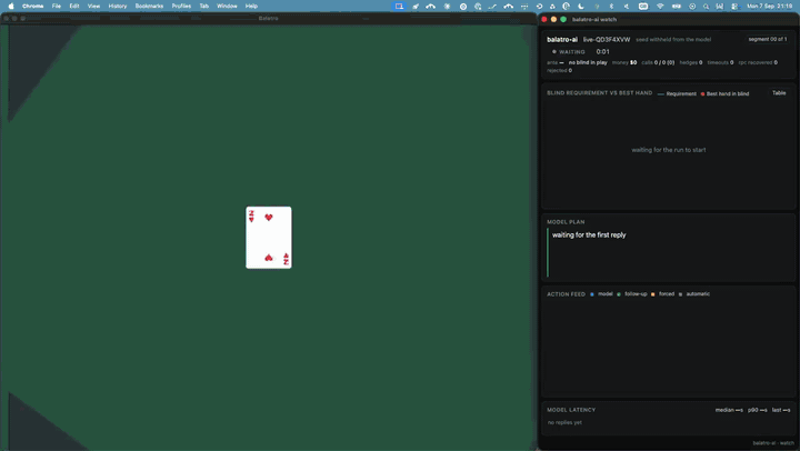 Time-lapse of Balatro gameplay on the left and the bot's live decision dashboard on the right