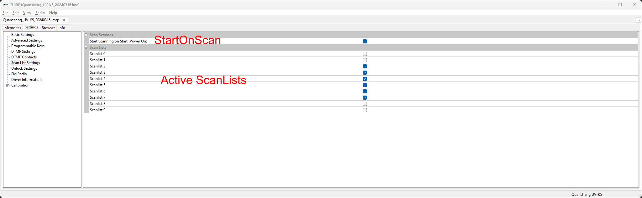 CHIRP ScanList Settings