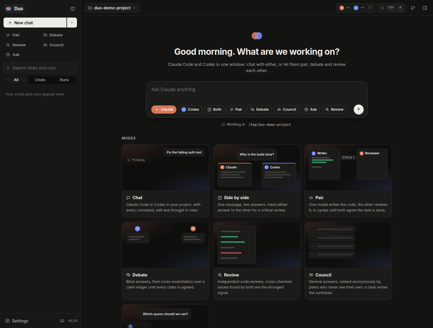 Duo home screen with the unified composer and animated mode walkthroughs