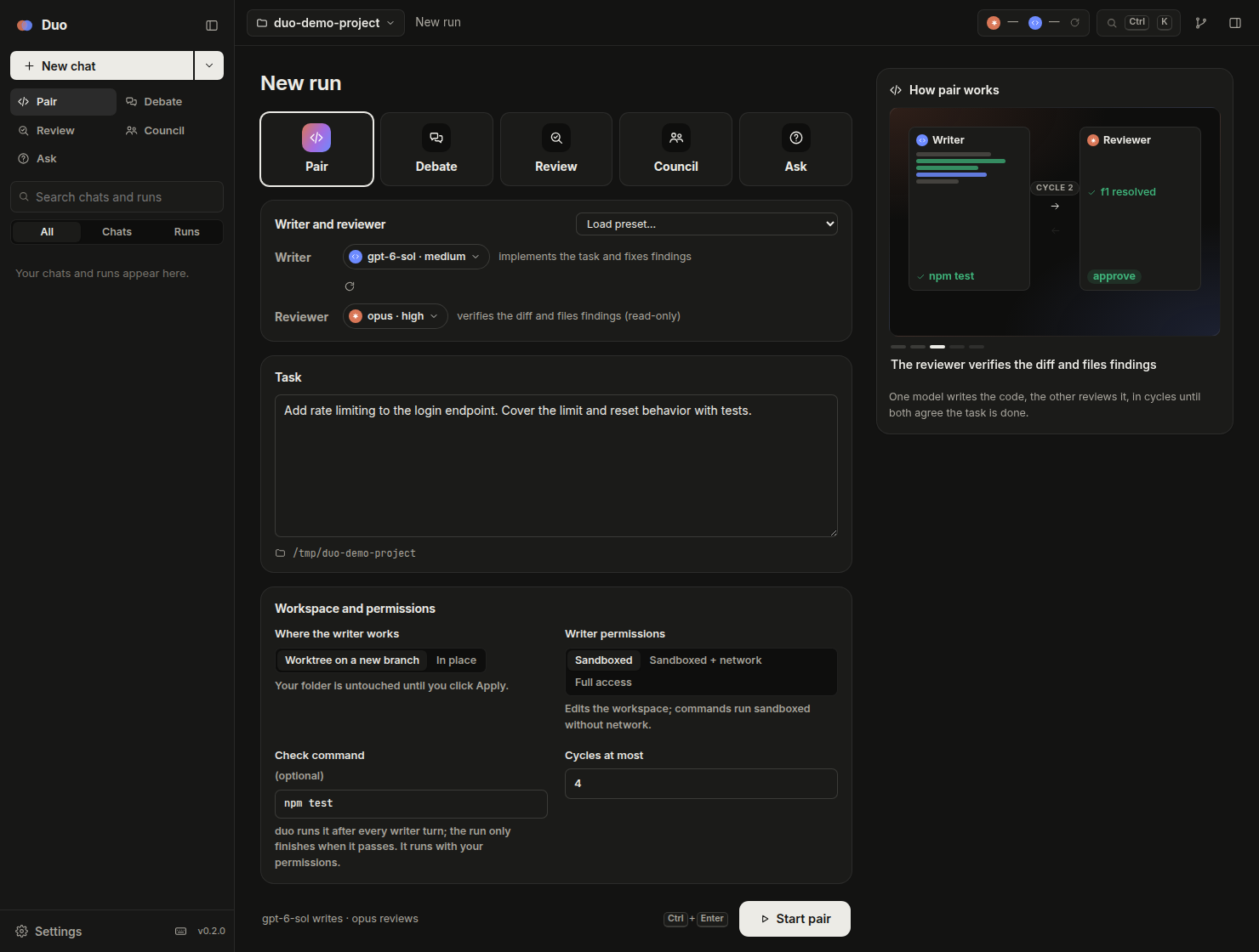 Pair mode setup with writer and reviewer seats and workspace controls