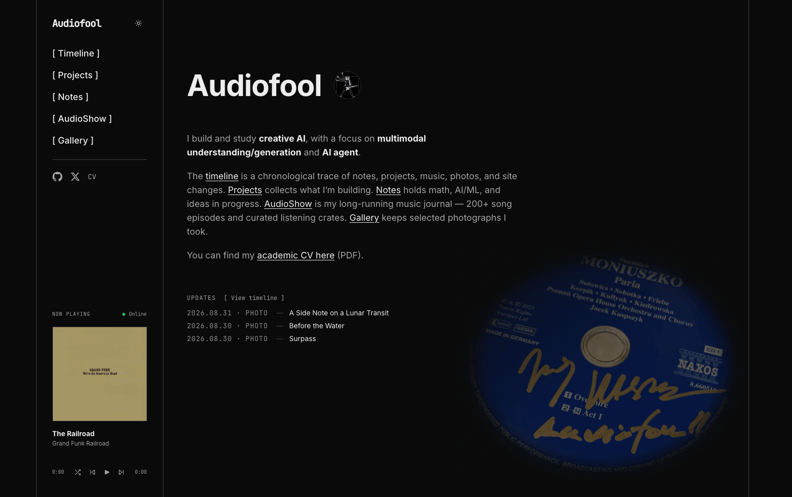 audiofool.blog homepage with sidebar navigation, the persistent audio player, and recent updates