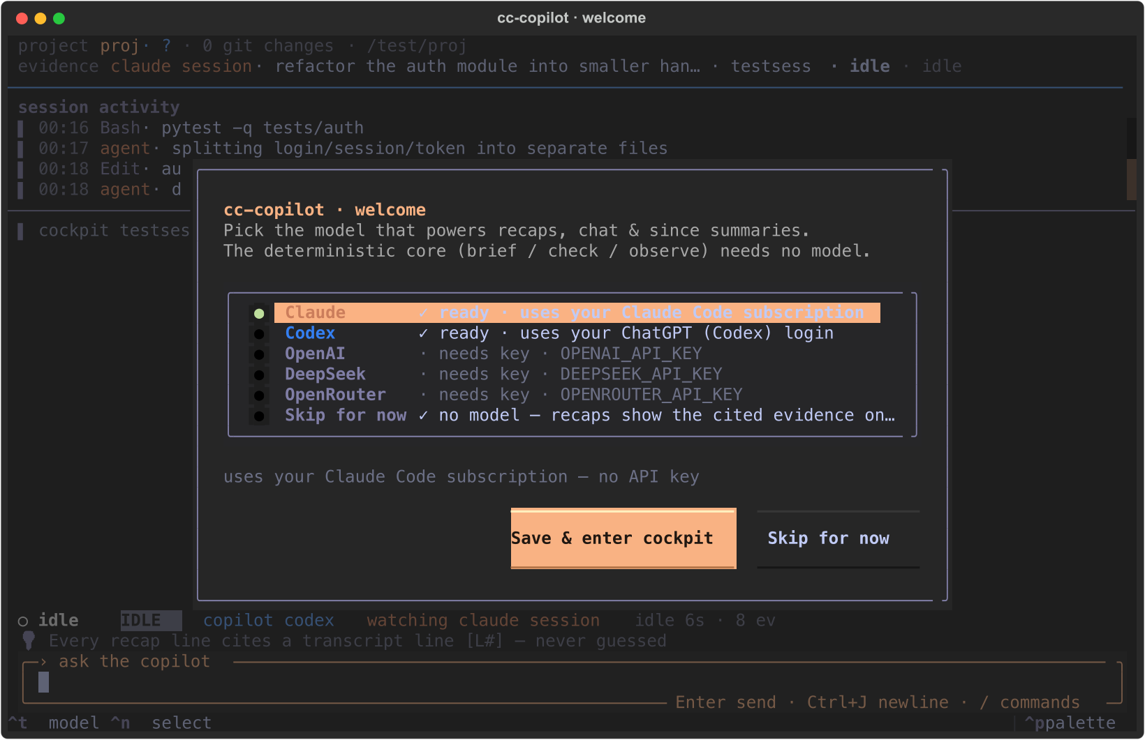 CC-Copilot first-run welcome screen