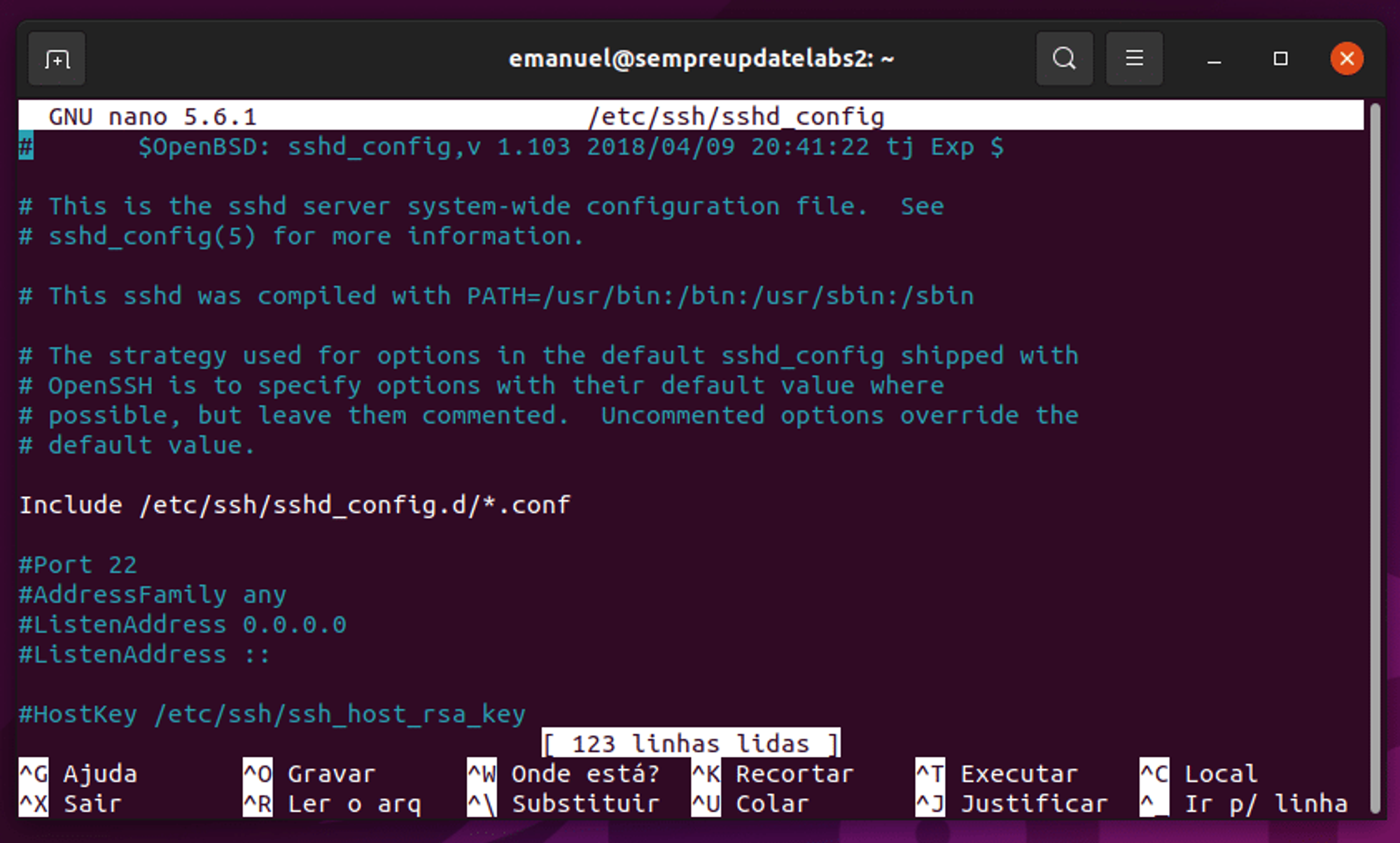 Tela de configuração SSH