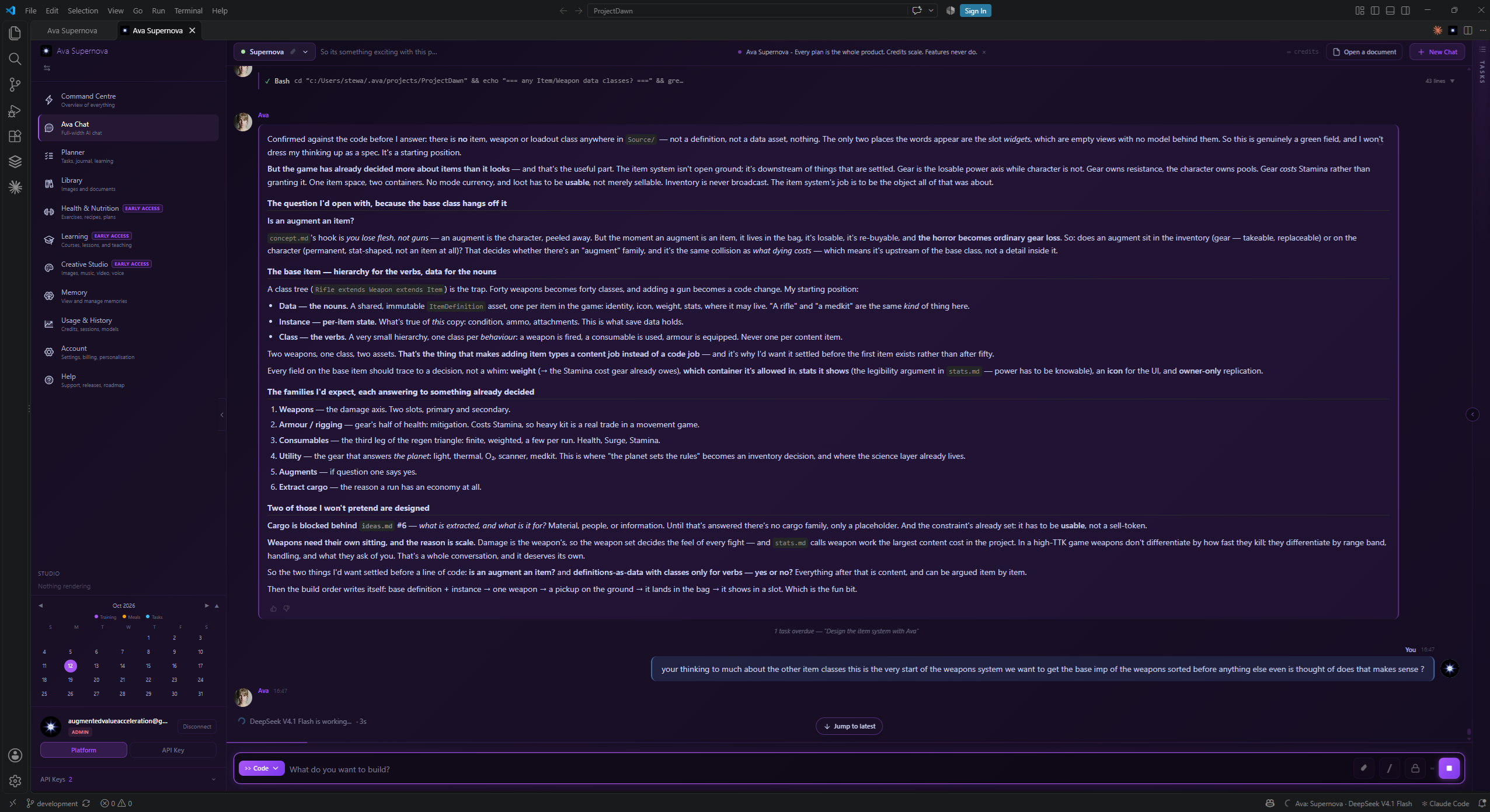 Ava planning an item system against a real codebase