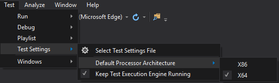 Screenshot showing the Visual Studio menu option to set the test runner bitness setting to x64