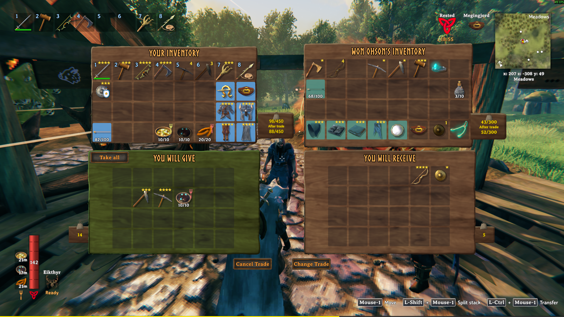 Trading interface showing both players' inventories, equipped items, trade offers, and weight previews