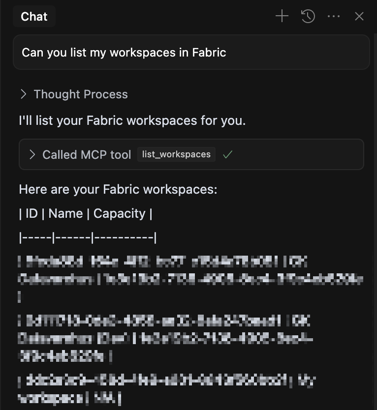 Example of listing Fabric workspaces