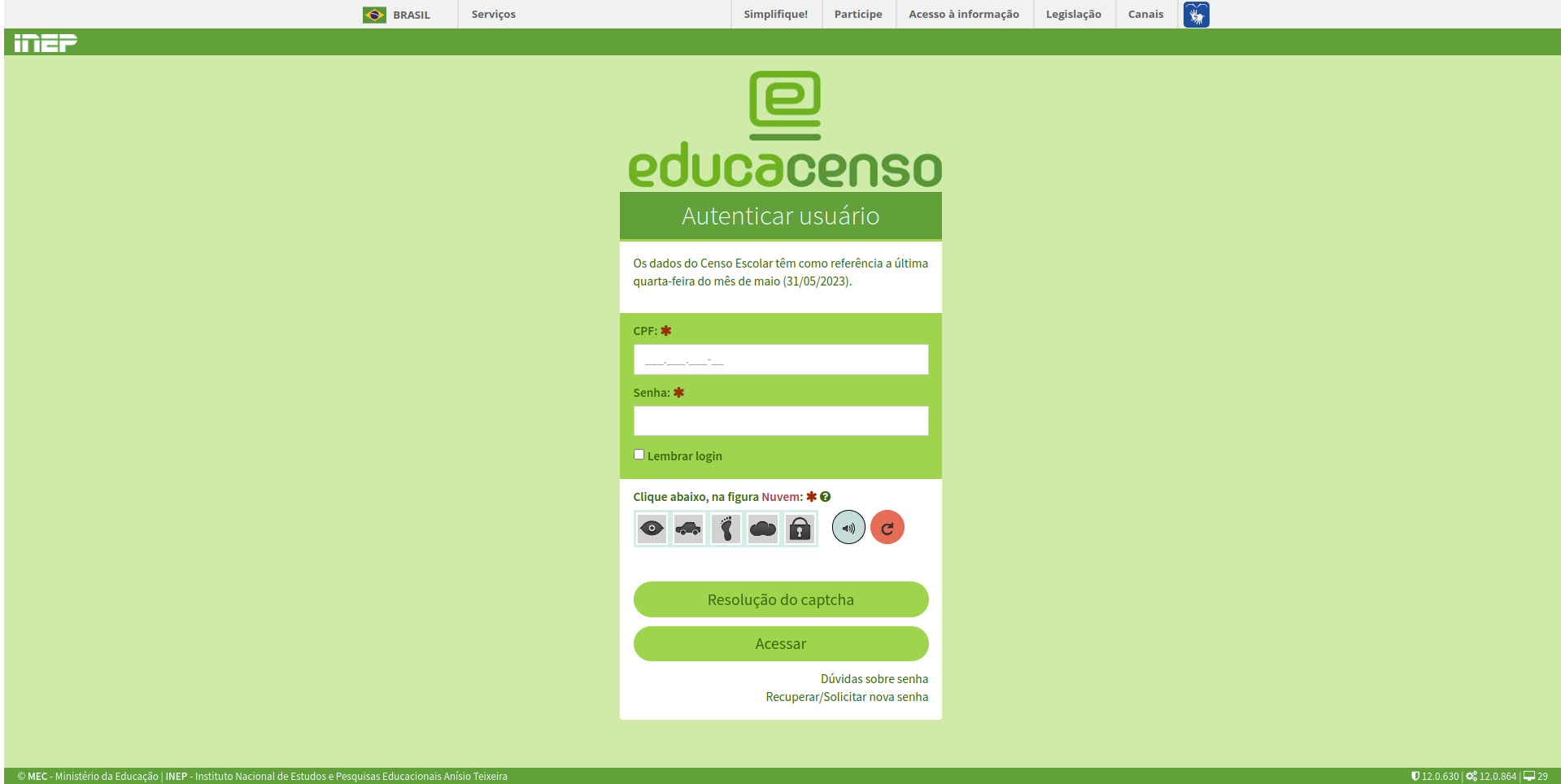 Tela de Login Censo Escolar - INEP - código bypass