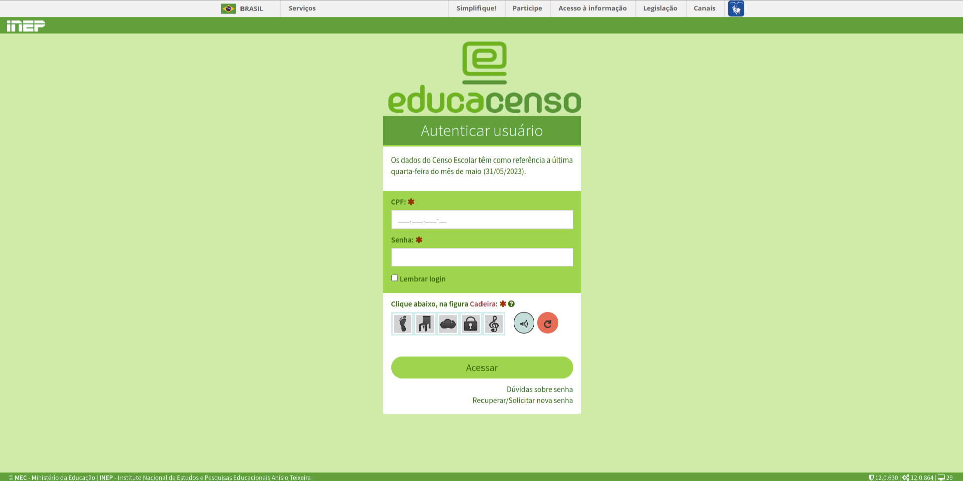 Tela de Login Censo Escolar - INEP