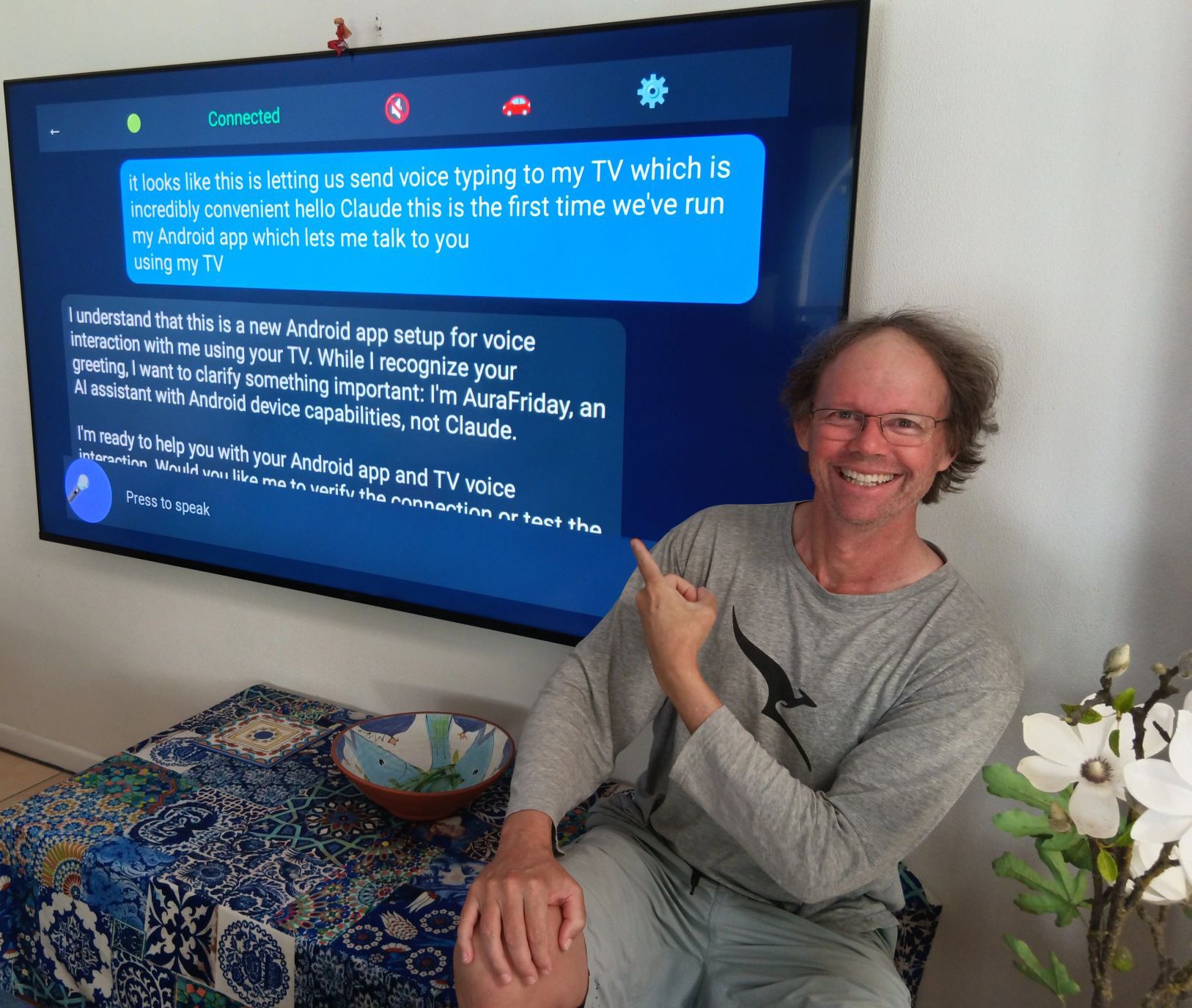 AuraFriday running on a Sony TV — voice chat with AI from your couch