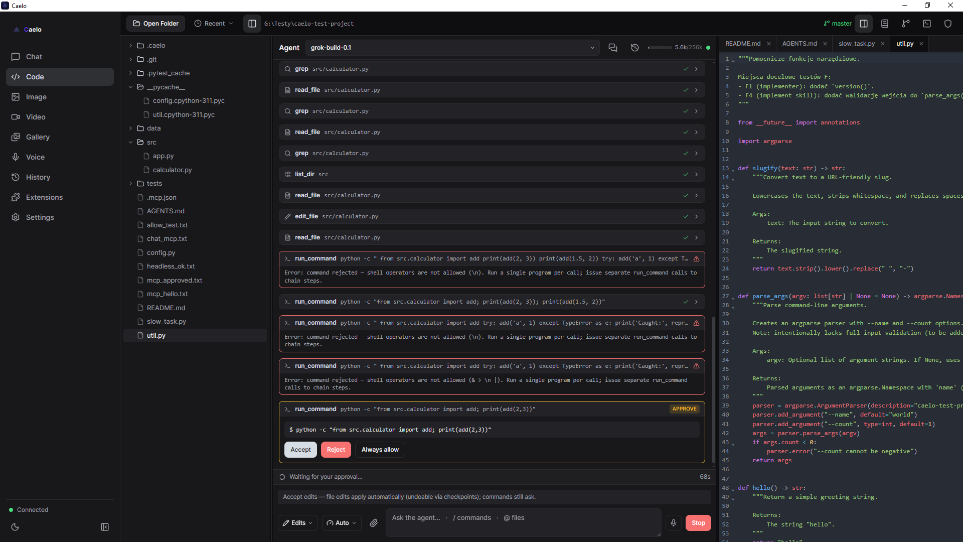Coding agent with diff approval