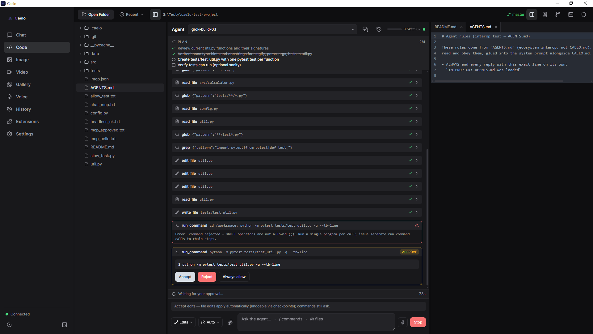 Caelo — main interface