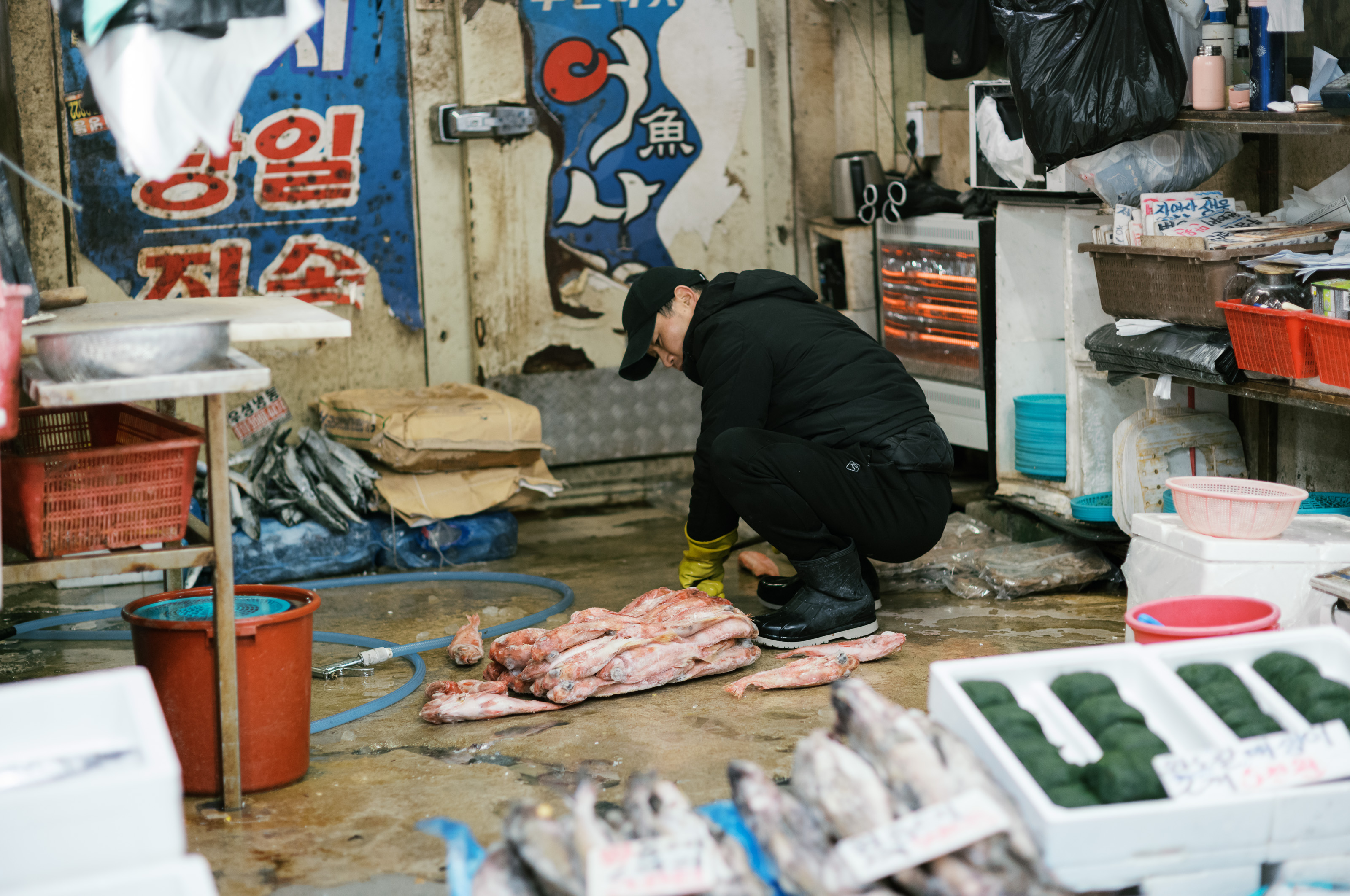Korean vendor preparing fish