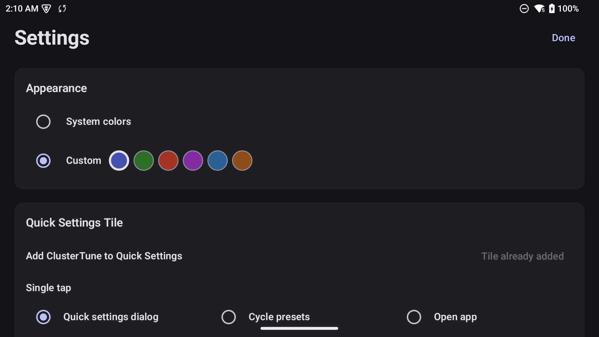 ClusterTune settings view