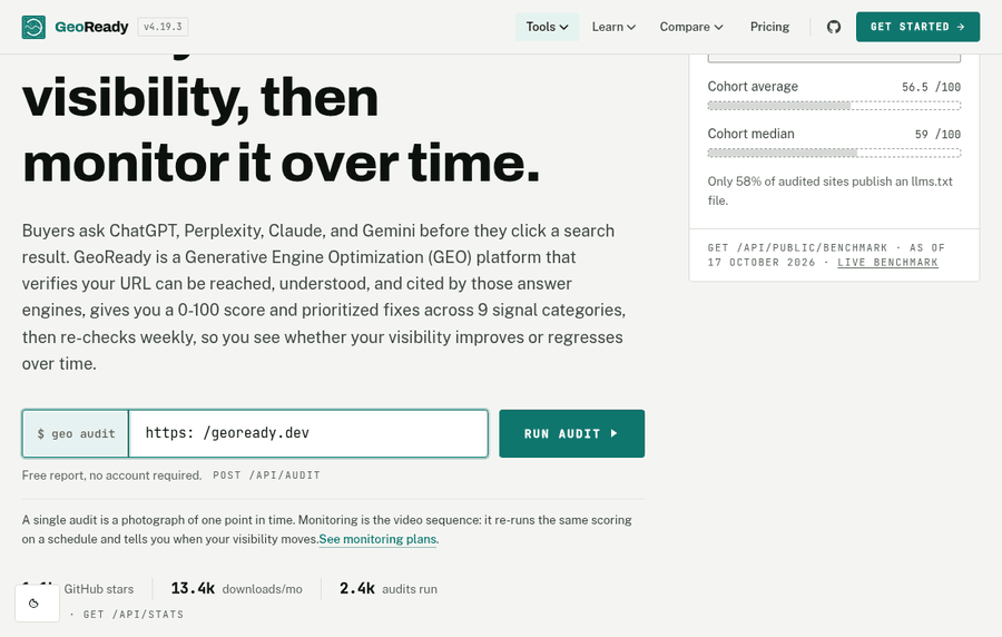 The free web audit on geoready.dev: paste a URL, get a 0–100 GEO score, nine category results and the free fixes. Live run on geoready.dev, 17 October 2026: 94/100, Excellent.