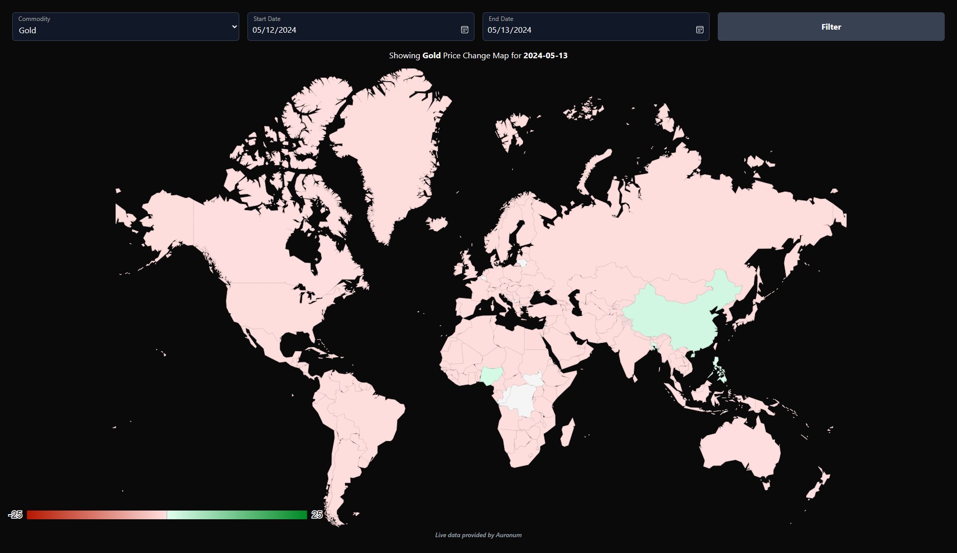 Screenshot of the Gold Currency Heat Map in dark theme