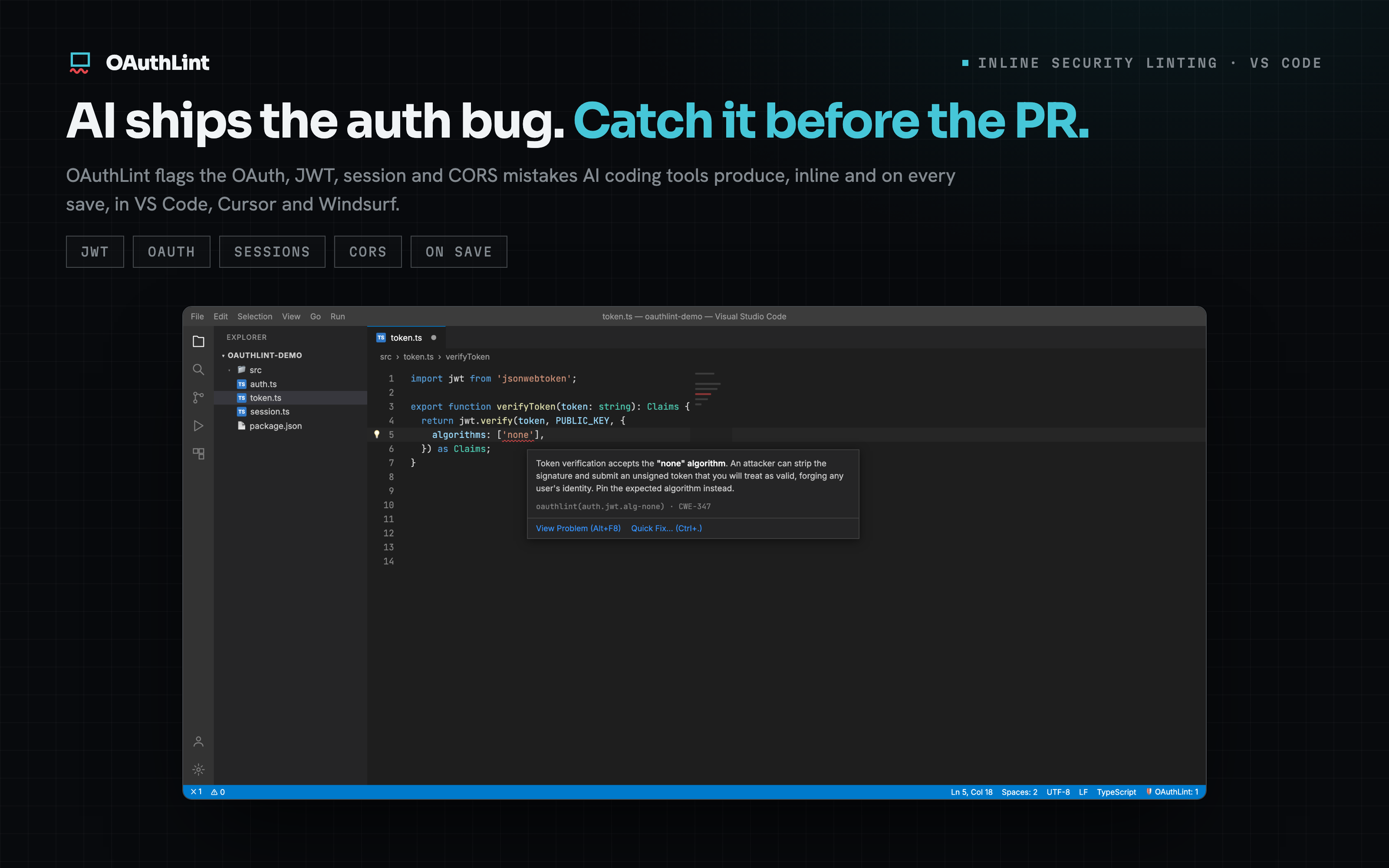 OAuthLint flagging a JWT that accepts the none algorithm, inline in VS Code