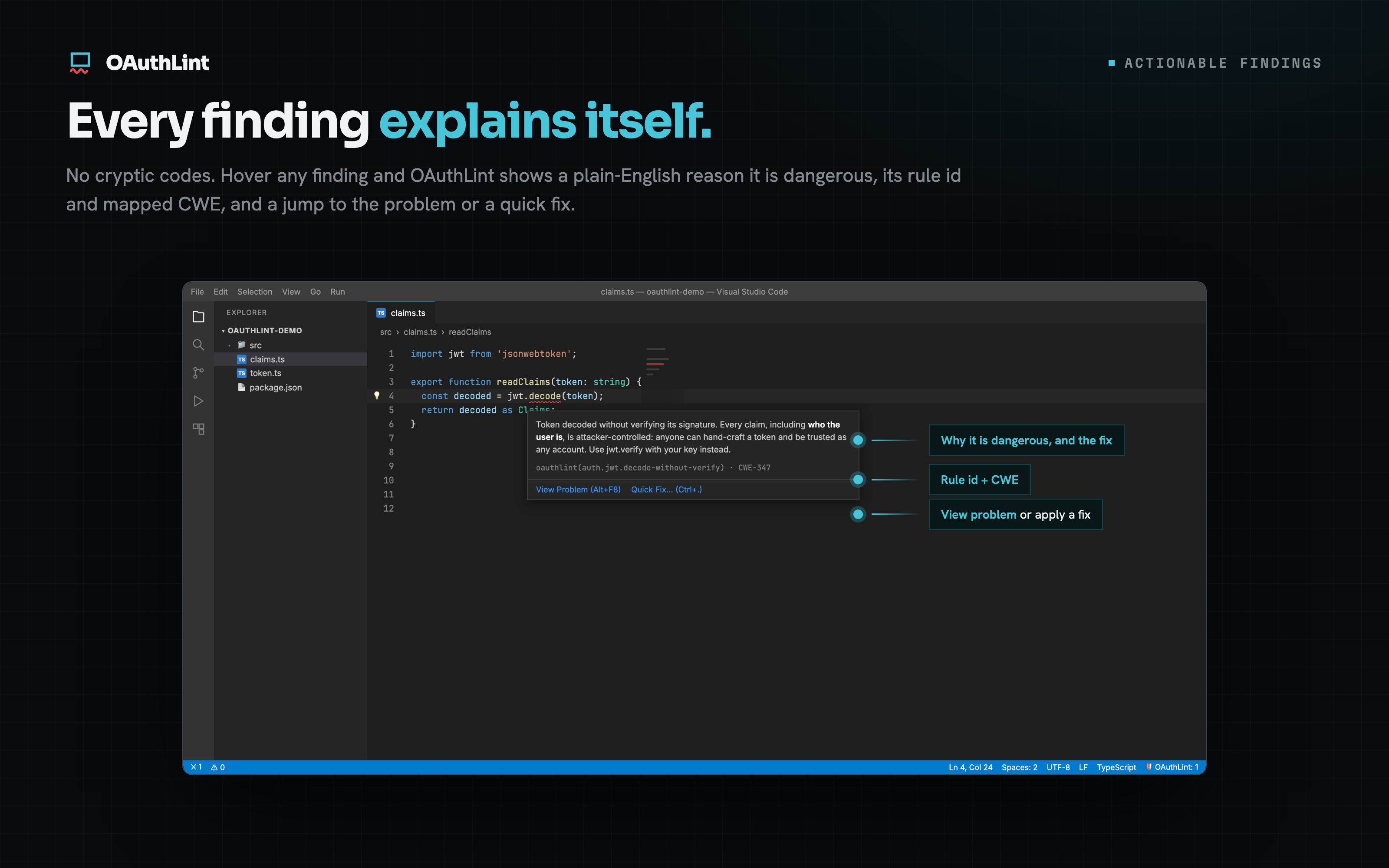 Hover on a finding showing the rule id, the why, the CWE, and the fix