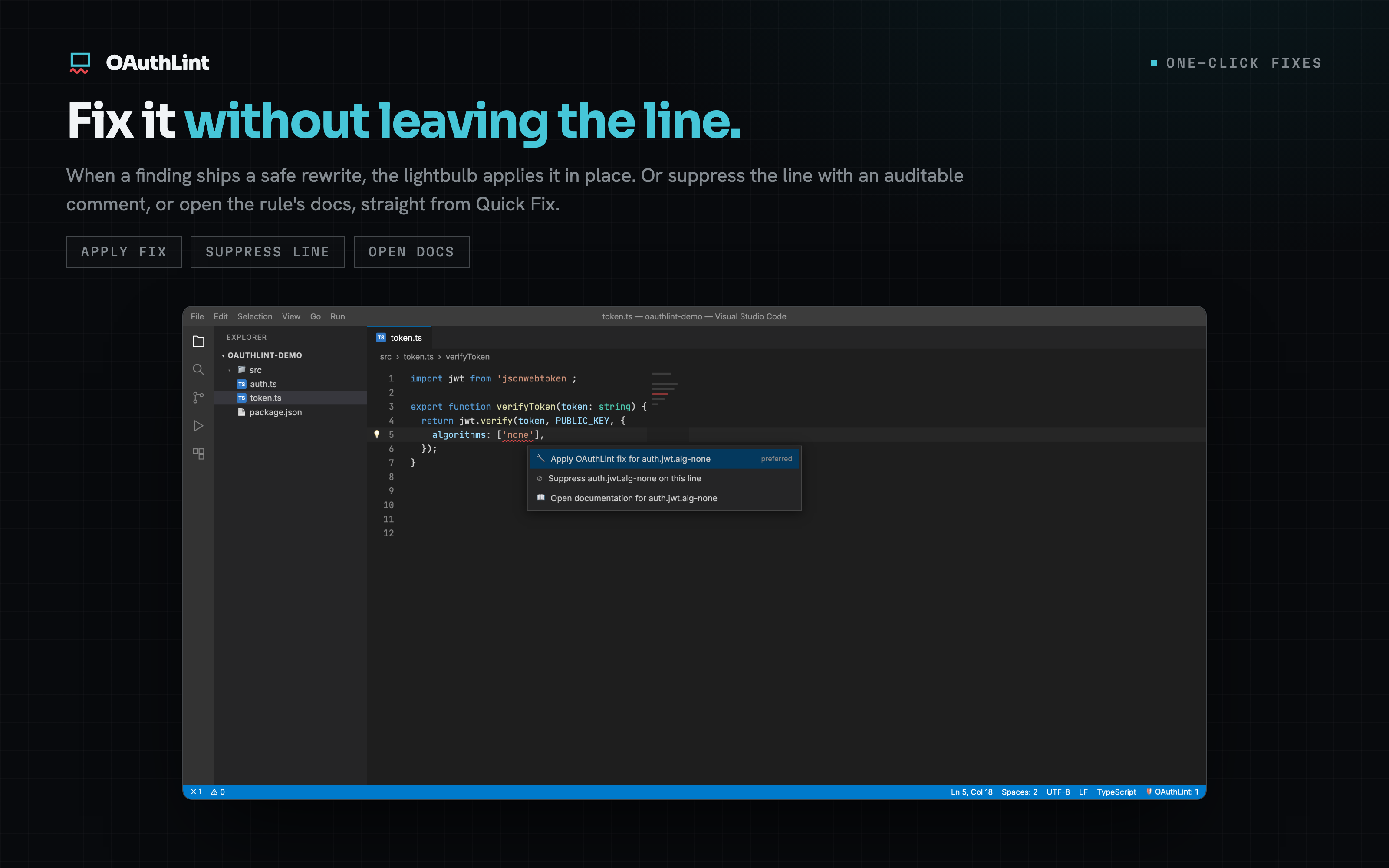 Quick Fix menu offering apply fix, suppress line, and open documentation