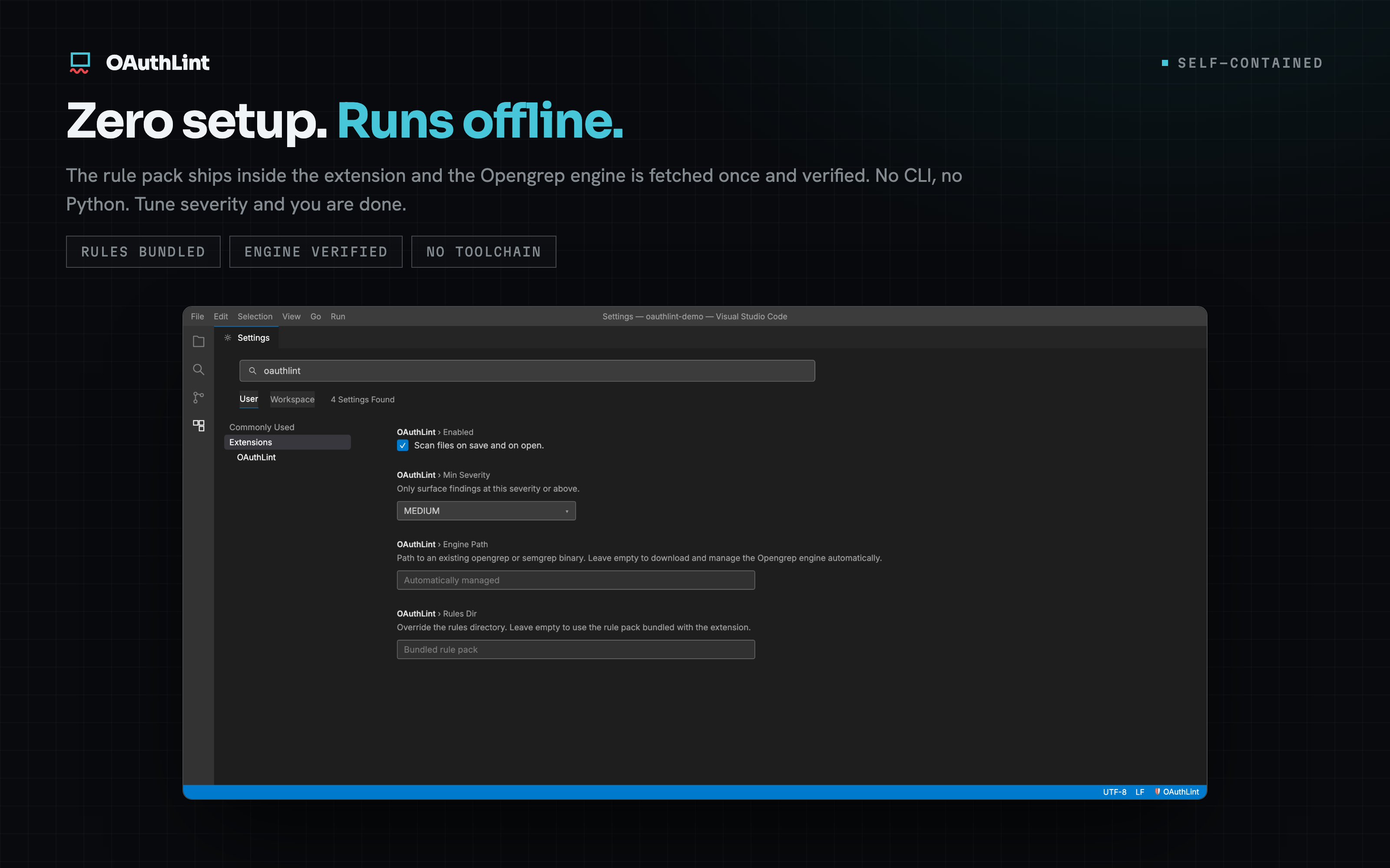 OAuthLint settings in VS Code, showing the four zero-config options