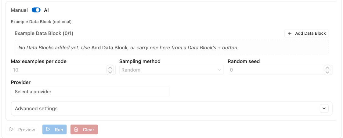 AI mode: optional Example Data Block, example sampling, and the provider and model row