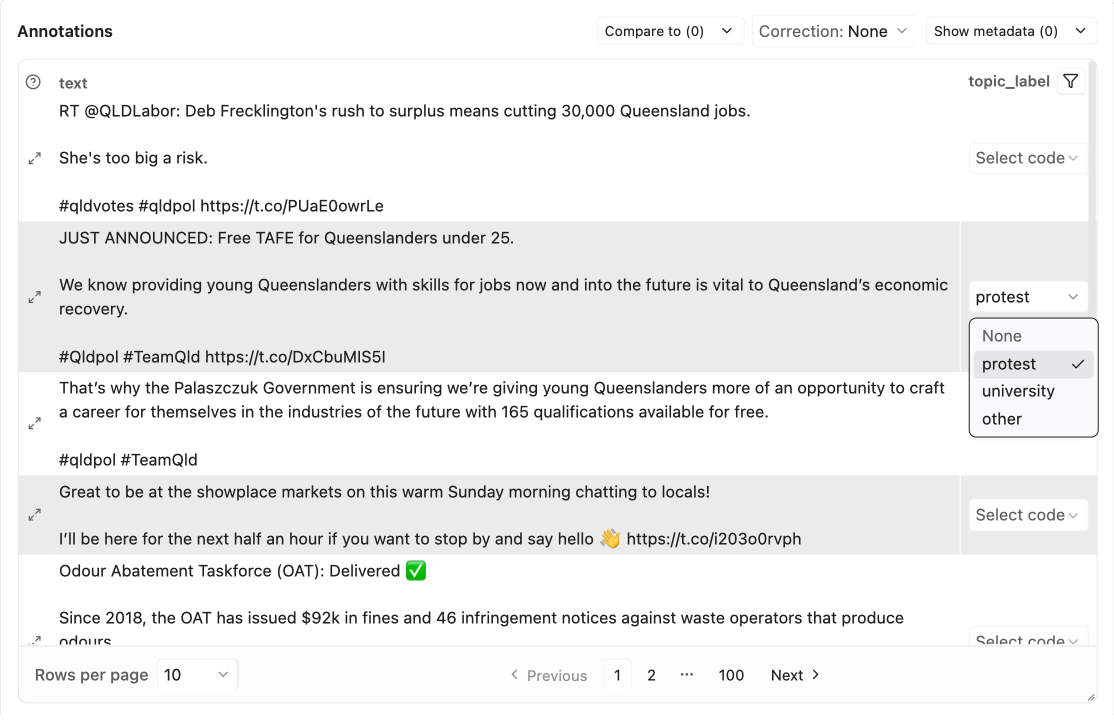 Manual annotation table with the code list open for one row