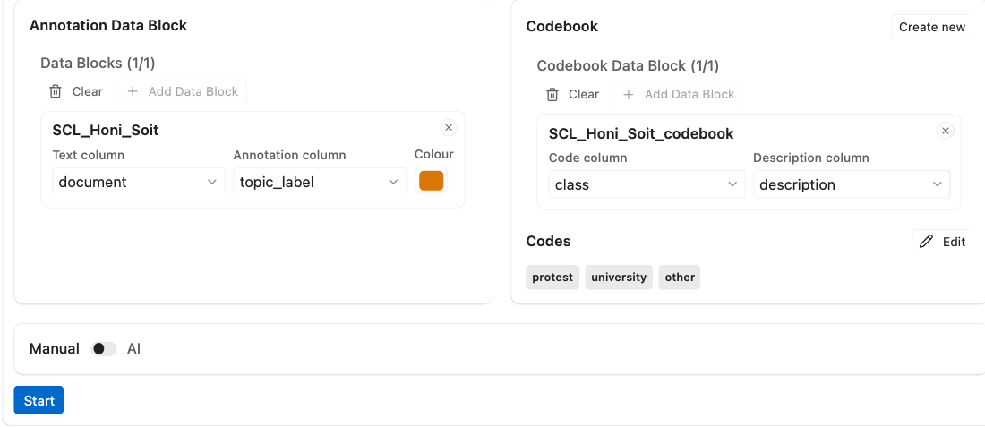 Annotation setup: source Data Block, annotation column, Codebook, and the Manual / AI switch