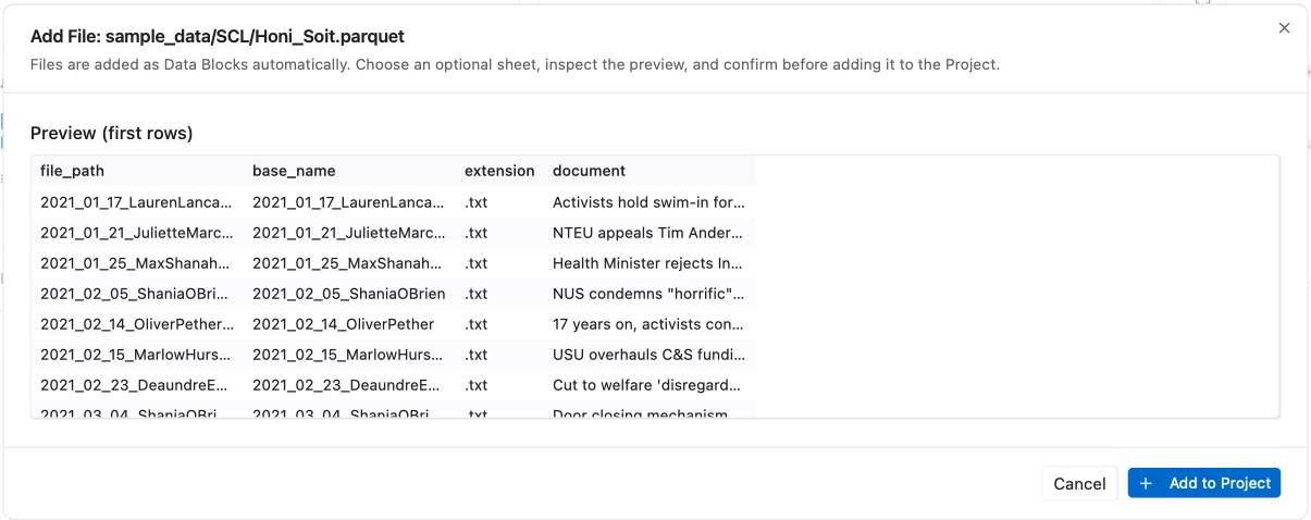 Add File dialog with a preview of the first rows