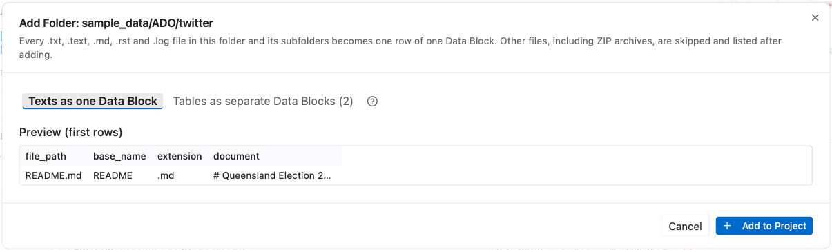 Add Folder dialog in Texts mode, with a preview of the document table