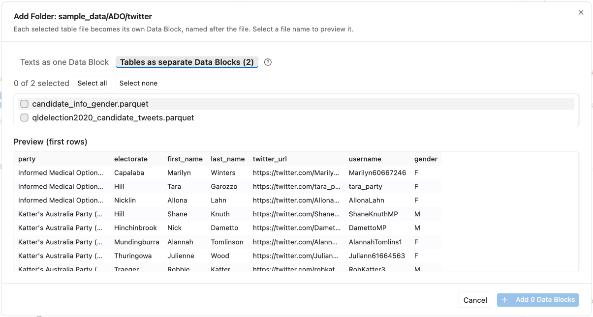 Add Folder dialog in Tables mode, with one of two table files ticked
