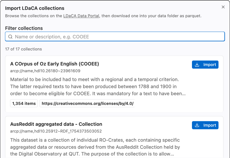 Import LDaCA collections dialog