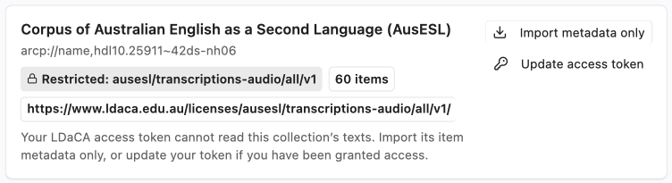 A restricted collection, with Import metadata only and Update access token