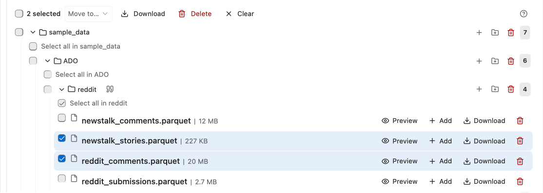 Two files selected, with the selection bar above the file list