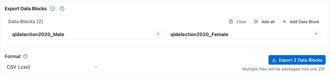 Export Data Blocks with two Data Blocks added and CSV chosen