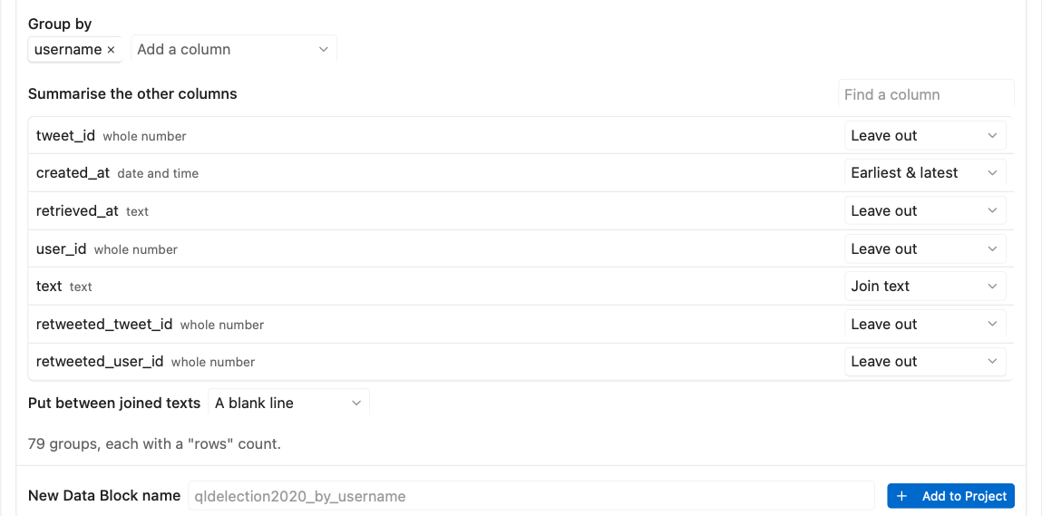 Aggregate grouped by username, with a summary chosen for each column