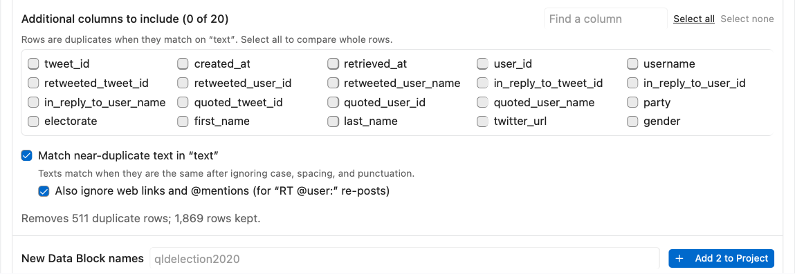 Deduplicate on the text column, matching near-duplicate text and ignoring links and @mentions